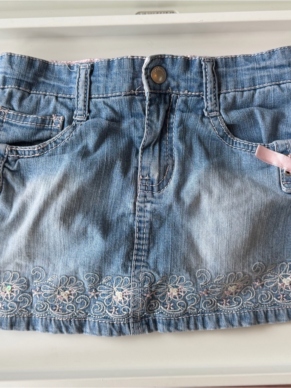 BONGO Light Blue Denim Skort with Pink Ribbon and Floral Embroidery Vintage